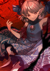 Rule 34 | 1girl, absurdres, bare legs, bare shoulders, barefoot, blue dress, curly hair, detached sleeves, dress, earrings, highres, horn ornament, horn ribbon, horns, jewelry, meandros, otoshiro kosame, oversized object, patterned clothing, pointy ears, red eyes, red horns, red sleeves, ribbon, sharp teeth, sheep horns, spork, teeth, touhou, toutetsu yuuma, white hair