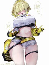 Rule 34 | 1girl, ahoge, black gloves, black sports bra, blonde hair, blush, breasts, clothing cutout, crop top, cropped sweater, elegg (nikke), exposed pocket, gloves, goddess of victory: nikke, grey shorts, hair intakes, hair over eyes, highres, large breasts, long bangs, long sleeves, micro shorts, multicolored clothes, multicolored gloves, multicolored hair, navel, okitao, open mouth, short hair, shorts, shoulder cutout, solo, sports bra, suspender shorts, suspenders, sweat, thick thighs, thigh strap, thighs, two-tone hair, yellow gloves