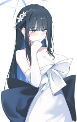 Rule 34 | 1girl, black hair, blue archive, blue eyes, blue halo, blush, breasts, choker, cleavage, closed mouth, collarbone, dress, earrings, elbow gloves, gloves, halo, highres, jewelry, kiyakyuu, large breasts, long hair, official alternate costume, saori (blue archive), saori (dress) (blue archive), simple background, smile, solo, strapless, strapless dress, white background, white choker, white dress, white gloves