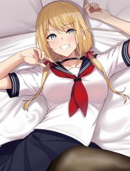 Rule 34 | 1girl, :d, arms up, bed sheet, black choker, black skirt, blonde hair, breasts, brown pantyhose, choker, collarbone, ear piercing, green eyes, grin, hair over shoulder, hair ribbon, highres, long hair, looking at viewer, low twintails, lying, medium breasts, miniskirt, mole, mole under mouth, neckerchief, on back, on bed, open mouth, original, pantyhose, piercing, pillow, pleated skirt, ribbon, sailor collar, school uniform, serafuku, shirt, short sleeves, sidelocks, skirt, smile, solo, sukebewe, thighband pantyhose, twintails, white shirt