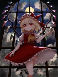 Rule 34 | 1girl, arm at side, arm up, ascot, blonde hair, cloud, commentary, cropped legs, fingernails, flandre scarlet, from below, full moon, hat, hat ribbon, head tilt, highres, indoors, kayon (touzoku), looking at viewer, mob cap, moon, nail polish, night, one side up, open hand, petticoat, puffy short sleeves, puffy sleeves, red eyes, red nails, red skirt, red vest, ribbon, shirt, short hair, short sleeves, skirt, smile, solo, standing, touhou, vest, white hat, white shirt, window, wings, yellow ascot