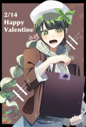 Rule 34 | 1girl, absurdres, alternate costume, belt, black belt, black border, border, chabashira tenko, d:, danganronpa (series), danganronpa v3: killing harmony, dated, green ribbon, hair ribbon, hand up, happy valentine, highres, holding, jacket, mole, mole under mouth, multi-tied hair, open clothes, open jacket, open mouth, red background, red jacket, ribbon, scarf, shiu (dnrn si), skirt, solo, teeth, tongue, twintails, upper teeth only, white headwear