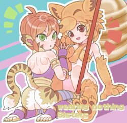 Rule 34 | 2girls, :d, :o, animal ears, animal feet, animal hands, armlet, ass, bare shoulders, bell, blonde hair, body fur, bottomless, breasts, breath of fire, breath of fire ii, crossover, facial mark, fingerless gloves, fox girl, fox hat, gloves, green eyes, medium breasts, moonlight flower, multiple girls, no pussy, open mouth, orange hair, purple gloves, ragnarok online, red eyes, rinpoo chuan, sicky (pit-bull), sitting, smile, staff, striped tail, tail, tiger ears, tiger girl, tiger tail, whisker markings, yellow headwear