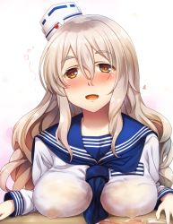Rule 34 | 10s, 1girl, :d, alternate costume, between breasts, blush, breast press, breast rest, breasts, brown eyes, commentary request, covered erect nipples, cup, drinking glass, drunk, full-face blush, grey hair, hair between eyes, hat, highres, kantai collection, large breasts, long hair, long sleeves, looking at viewer, mini hat, neckerchief, open mouth, out of frame, pola (kancolle), sailor collar, school uniform, see-through, serafuku, smile, solo, sorano (12gou), spill, thick eyebrows, uniform, wavy hair, wine glass