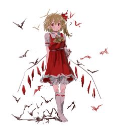 Rule 34 | 1girl, ?, ascot, bat (animal), blonde hair, bloomers, blush, closed eyes, collared shirt, flandre scarlet, frilled skirt, frills, full body, hair between eyes, kneehighs, no headwear, no shoes, one side up, pointy ears, pout, red eyes, red skirt, red vest, shirt, simple background, sketch, skirt, socks, sparkle71059204, standing, touhou, underwear, vest, white background, white bloomers, white shirt, white socks, wings, yellow ascot