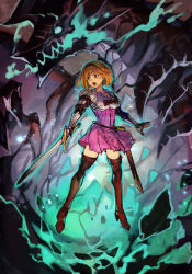 Rule 34 | 1girl, armor, black hairband, blonde hair, boobplate, boots, bow, breastplate, brown footwear, character request, djeeta (granblue fantasy), dragon, dress, floating, gauntlets, granblue fantasy, hairband, holding, holding sword, holding weapon, hungry clicker, medium hair, open mouth, pauldrons, pink dress, red bow, scabbard, sheath, short dress, shoulder armor, solo, sword, thigh boots, thighhighs, unsheathed, weapon, zettai ryouiki