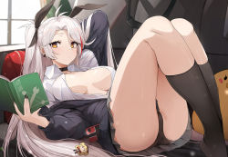 Rule 34 | 1girl, admiral hipper (azur lane), antenna hair, arm up, ass, azur lane, black choker, black jacket, black nails, black panties, black socks, book, breasts, breasts apart, choker, collared shirt, couch, earrings, hair ribbon, holding, jacket, jewelry, kneehighs, knees up, large breasts, long hair, looking at viewer, luse maonang, lying, manjuu (azur lane), mole, mole on breast, multicolored hair, nail polish, no bra, off shoulder, on back, on couch, open book, open clothes, open jacket, orange eyes, panties, phone, pillow, prinz eugen (azur lane), ribbon, shirt, silver hair, skindentation, socks, solo, streaked hair, stuffed animal, stuffed toy, thighs, two side up, underwear, very long hair, white shirt