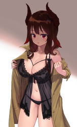 Rule 34 | 1girl, absurdres, ayul (ayulneri 92), babydoll, bare shoulders, black panties, breasts, brown coat, brown hair, cleavage, coat, collarbone, commission, cowboy shot, gradient hair, highres, horns, lace trim, large breasts, lingerie, long hair, long sleeves, looking at viewer, multicolored hair, navel, off shoulder, open clothes, open coat, original, panties, parted lips, red eyes, solo, standing, stomach, thighs, underwear, wing collar