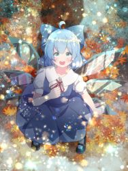 Rule 34 | 1girl, absurdres, autumn, autumn leaves, blue dress, blue eyes, blue hair, cattleya (a yel ttac), cirno, clenched hands, dress, from above, highres, ice, ice wings, open mouth, shirt, short sleeves, smile, snowflakes, solo, touhou, white shirt, wings