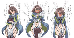 Rule 34 | !, !!, 1girl, :d, ^^^, ahoge, arrow (symbol), azur lane, baltimore (azur lane), black thighhighs, blue coat, blush, braid, breast hold, breasts, brown hair, center opening, clothing cutout, coat, commentary request, cowboy shot, embarrassed, expressive hair, fang, french braid, full-face blush, garter straps, gloves, hair between eyes, hands on own cheeks, hands on own face, hey taisyou, highres, hood, hood down, hooded coat, looking at viewer, motion lines, multicolored coat, navel, navel cutout, nose blush, one eye closed, open clothes, open coat, open mouth, outstretched arms, short hair, smile, standing, standing on one leg, steam, stomach cutout, sweat, thighhighs, translation request, underboob, underboob cutout, white background, white gloves, yellow eyes, zipper