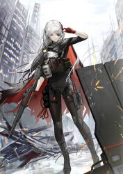 Rule 34 | 12-gauge, 1girl, absurdres, ammunition, ballistic shield, benelli m4 super 90, black cape, black pants, black shirt, cape, combat shotgun, day, evelyn (neural cloud), eyepatch, full body, girls&#039; frontline, girls&#039; frontline neural cloud, gloves, grey hair, grey sky, gun, handgun, highres, holding, holding gun, holding weapon, holster, long hair, long sleeves, m1014, one eye covered, outdoors, pants, pistol, red eyes, red gloves, semi-automatic shotgun, shield, shirt, shotgun, shotgun shell, shotgun speedloader, sky, solo, standing, thigh holster, tooka (10 t00), two-sided cape, two-sided fabric, weapon