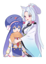 Rule 34 | 2girls, :d, ahoge, animal ear fluff, animal ears, arm warmers, arms at sides, blue eyes, blue hair, blue headwear, breasts, eel hat, fang, folded ponytail, fox ears, gradient clothes, grey hair, hat, height difference, highres, japanese clothes, kimono, large breasts, long hair, long sleeves, looking ahead, looking at another, looking down, low-tied sidelocks, miniskirt, multiple girls, necktie, open mouth, orange scarf, otomachi una, parted bangs, pleated skirt, red eyes, red necktie, scarf, shirt, sidelocks, simple background, skirt, smile, suiso sn3, touhoku itako, twintails, very long hair, vocaloid, voiceroid, white background, white kimono, white shirt, white skirt, wide sleeves