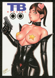 Rule 34 | 1girl, 2000, bare shoulders, bodysuit, border, breasts, brown eyes, brown hair, cameltoe, collar, cowboy shot, dated, gun, hair ornament, handgun, heart, heart hair ornament, highres, holding, holding gun, holding weapon, large breasts, mole, mole under mouth, one eye closed, original, parted lips, pasties, pistol, scan, shiny clothes, short hair, signature, solo, star pasties, swept bangs, tagme, tsukasa jun, weapon