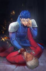 Rule 34 | 2boys, abs, absurdres, archer (fate), armor, black shirt, blood, blood on face, blue hair, closed eyes, coat, commentary, cu chulainn (fate), cu chulainn (fate/stay night), dying, earrings, english commentary, fate/stay night, fate (series), gravesecrets, hand on another&#039;s face, highres, jewelry, leather armor, long hair, long sleeves, lying, male focus, multiple boys, muscular, muscular male, on back, pectorals, ponytail, pool of blood, red coat, shirt, short hair, shoulder armor, sitting, stone floor, white shirt, yaoi