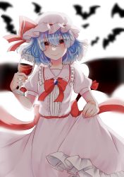 Rule 34 | 1girl, alcohol, bat (animal), bat wings, blue hair, blurry, blurry background, bow, bowtie, breasts, brooch, closed mouth, cup, dress, drinking glass, eyes visible through hair, feet out of frame, frilled shirt collar, frills, hair between eyes, hand up, hat, highres, holding, holding clothes, holding cup, holding skirt, izumi no yasushi aya, jewelry, lifting own clothes, looking at viewer, medium hair, mob cap, pink dress, pink hat, puffy short sleeves, puffy sleeves, red bow, red bowtie, remilia scarlet, short sleeves, skirt, small breasts, smile, solo, standing, touhou, wine, wine glass, wings