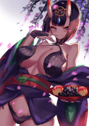 Rule 34 | 1girl, alternate breast size, backlighting, bare shoulders, blush, bob cut, breasts, bridal gauntlets, cleavage, closed mouth, eyeliner, fate/grand order, fate (series), food, fruit, fruit bowl, grapes, headpiece, highres, horns, japanese clothes, kimono, large breasts, long sleeves, looking at viewer, makeup, obi, off shoulder, oni, peach, petals, purple eyes, purple hair, purple kimono, revealing clothes, sash, short eyebrows, short hair, short kimono, shuten douji (fate), skin-covered horns, smile, solo, spider apple, wide sleeves
