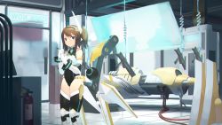 Rule 34 | 1girl, absurdres, bare shoulders, black leotard, black thighhighs, blurry, blurry background, brown hair, closed mouth, commentary request, copyright request, covered navel, depth of field, door, elbow gloves, feet out of frame, fire extinguisher, glass door, gloves, hands up, headgear, highres, holding, indoors, leotard, natori youkai, ponytail, smile, solo, standing, thighhighs, transparent, virtual youtuber, white gloves