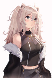 Rule 34 | 1girl, ahoge, animal ear fluff, animal ears, arl, bare shoulders, black coat, black shirt, black skirt, blush, breasts, brown eyes, cleavage, coat, cowboy shot, earrings, fur-trimmed coat, fur trim, highres, hololive, jewelry, lion ears, lion girl, long hair, long sleeves, looking away, medium breasts, midriff peek, navel, necklace, off shoulder, open clothes, open coat, parted lips, see-through, see-through cleavage, shirt, shishiro botan, shishiro botan (1st costume), silver hair, simple background, skirt, solo, twintails, very long hair, virtual youtuber, white background, zipper pull tab