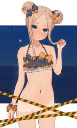 Rule 34 | 1girl, abigail williams (emerald float) (fate), abigail williams (fate), bare arms, bare shoulders, bikini, bikini top only, black bikini, black bow, blush, bottomless, bow, brown hair, censored, character name, closed mouth, collarbone, double bun, emerald float, fate/grand order, fate (series), forehead, groin, hair bow, hair bun, hand up, holding, holding hair, kopaka (karda nui), looking at viewer, multiple hair bows, navel, night, official alternate costume, orange bow, parted bangs, polka dot, polka dot bow, scrunchie, sidelocks, single wrist cuff, smile, solo, sweat, swimsuit, tan, tanline, teasing, wrist cuffs, wrist scrunchie
