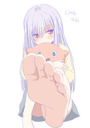 Rule 34 | 1girl, absurdres, barefoot, blush, feet, grey hair, highres, long hair, looking at viewer, nush advance, red eyes, soles, toes