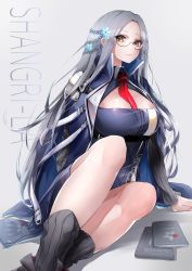 Rule 34 | 1girl, absurdres, azur lane, blue cloak, blue dress, blue sweater, book, boots, breasts, brown eyes, character name, cleavage, cloak, clothes writing, collared dress, dress, eyebrows, feet out of frame, forehead, grey-framed eyewear, grey background, grey socks, hair ornament, highres, hitsuji (sheepsb22), jacket, large breasts, lips, long hair, long sleeves, looking at viewer, name tag, necktie, red necktie, ribbed sleeves, semi-rimless eyewear, shadow, shangri-la (azur lane), silver hair, simple background, sitting, smile, snowflake hair ornament, socks, solo, sweater, text focus