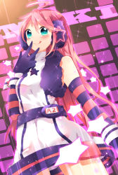 Rule 34 | 1girl, :q, ahoge, ao ringo, belt, blue eyes, blush, elbow gloves, gloves, headphones, long hair, pink hair, sf-a2 miki, smile, solo, striped clothes, striped gloves, tongue, tongue out, vocaloid