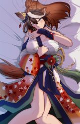 Rule 34 | 1girl, animal ears, back bow, bare shoulders, bow, breasts, brown hair, chest sarashi, chrysanthemum, ear ornament, flower, gloves, highres, horse ears, horse girl, icekingyo, japanese clothes, kimono, large breasts, leaf print, long hair, looking at viewer, multicolored hair, official alternate costume, on bed, sarashi, single glove, solo, streaked hair, symboli rudolf (archer of the white moon) (umamusume), symboli rudolf (umamusume), umamusume, yukata