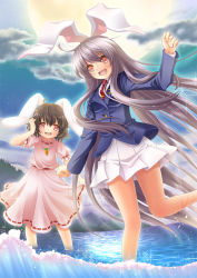 Rule 34 | 2girls, animal ears, arm up, bare legs, blazer, blush, brown hair, carrot, carrot necklace, cloud, cloudy sky, crescent, crescent moon, dress, dress shirt, full moon, glitter, hand on head, inaba tewi, jacket, jewelry, leg up, long hair, long sleeves, looking at viewer, moon, mountain, multiple girls, nabepro, nature, necklace, necktie, night, night sky, outdoors, own hands clasped, own hands together, partially submerged, pendant, pink dress, pleated skirt, puffy short sleeves, puffy sleeves, purple hair, rabbit ears, red eyes, red necktie, reflection, reisen udongein inaba, shirt, short hair, short sleeves, skirt, skirt set, sky, smile, splashing, standing, standing on one leg, star (sky), star (symbol), starry sky, touhou, tree, very long hair, wading, water, waves, white shirt, winter