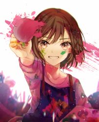 Rule 34 | 1girl, aryuma772, brown eyes, brown hair, character request, collarbone, grin, hair between eyes, highres, holding, looking at viewer, mitasarenai pale color (project sekai), paint splatter, paint splatter on face, pink shirt, shirt, short hair, smile, solo, straight hair, upper body