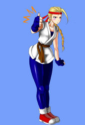 Rule 34 | 1girl, alternate costume, blonde hair, blue eyes, blush, braid, breasts, cammy white, capcom, commentary request, converse, cosplay, dougi, embarrassed, fingerless gloves, full body, gloves, hair ribbon, headband, long hair, loose socks, pixiv, pleasure-treasure, red headband, ribbon, ryuuko no ken, sash, shoes, simple background, single braid, sneakers, snk, socks, solo, spandex, standing, street fighter, the king of fighters, thumbs up, very long hair, victory pose, yuri sakazaki, yuri sakazaki (cosplay)