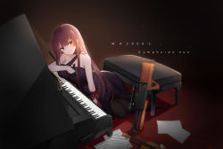 Rule 34 | 1girl, absurdres, backlighting, bipod, black dress, black pantyhose, blush, breasts, bullpup, character name, dress, earrings, girls&#039; frontline, gloves, glowing, gun, hair ribbon, half-closed eyes, highres, holding, instrument, jewelry, jun.bit, large breasts, light particles, long hair, looking at viewer, official alternate costume, pantyhose, piano, purple hair, red eyes, red ribbon, ribbon, rifle, sidelocks, single strap, sniper rifle, solo, upper body, wa2000 (ballroom interlude) (girls&#039; frontline), wa2000 (girls&#039; frontline), walther, walther wa 2000, weapon, wrist ribbon