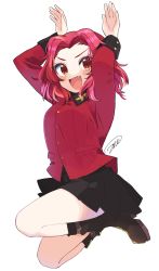 Rule 34 | 1girl, arms up, black footwear, black skirt, blush, boots, breasts, collared jacket, fang, girls und panzer, highres, jacket, jumping, long sleeves, looking at viewer, medium breasts, medium hair, open mouth, orange eyes, pleated skirt, rabbit pose, red hair, red jacket, rosehip (girls und panzer), signature, simple background, skirt, smile, solo, st. gloriana&#039;s military uniform, v-shaped eyebrows, white background, zono (inokura syuzo029)
