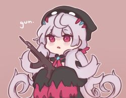 Rule 34 | 1girl, black dress, black hat, blush stickers, brown background, chonkyorca, commentary, dress, english commentary, english text, grey hair, gun, hat, highres, holding, holding gun, holding weapon, long hair, long sleeves, nijisanji, nijisanji en, parted lips, red eyes, reimu endou, reimu endou (1st costume), simple background, sleeves past fingers, sleeves past wrists, solo, upper body, very long hair, virtual youtuber, weapon