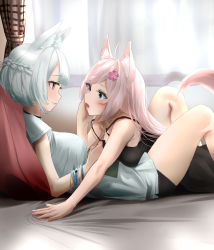 Rule 34 | 2girls, animal ear fluff, animal ears, bare shoulders, bed, bedroom, blue eyes, blush, braid, breasts, character request, commentary request, commission, flower, fox ears, fox girl, french braid, hair between eyes, hair flower, hair ornament, heterochromia, highres, indoors, large breasts, long hair, lying, multiple girls, on bed, on person, open mouth, pillow, pink hair, pixiv commission, red eyes, shirt, short hair, silver hair, smile, tail, tama (tamago), underwear, vrchat, window, yuri