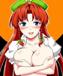 Rule 34 | 1girl, beret, blue eyes, blush, bow, braid, breast hold, breasts, covering privates, covering breasts, female focus, hat, highres, hong meiling, hotpants (i&#039;m hot yet!), large breasts, red hair, solo, embodiment of scarlet devil, touhou, twin braids