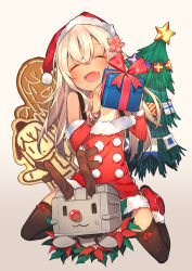 Rule 34 | 10s, 1girl, alternate costume, blonde hair, blush, boots, box, christmas tree, detached sleeves, closed eyes, fang, flower, fur trim, gift, gift box, hair flower, hair ornament, hat, highres, holding, holding gift, kantai collection, kneeling, long hair, merry christmas, moriki, one-piece tan, open mouth, red footwear, rensouhou-chan, ro-500 (kancolle), santa costume, santa hat, smile, solo, tan, tanline, thighhighs