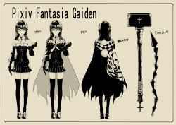 Rule 34 | 1girl, absurdres, cape, character sheet, cross, female focus, from behind, glasses, gloves, hammer, highres, long hair, looking at viewer, miniskirt, monochrome, necktie, pixiv fantasia, pixiv fantasia wizard and knight, pleated skirt, realmbw, skirt, solo, standing, thighhighs, weapon, zettai ryouiki
