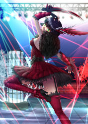 Rule 34 | 1girl, adsouto, arm up, artist name, black panties, blurry, blurry background, boots, breasts, claw (weapon), commentary, dress, english commentary, feather boa, fingerless gloves, from behind, garter straps, gloves, glowing, hand on own head, high heel boots, high heels, highres, looking at viewer, looking back, medium breasts, miltiades malachite, nightclub, panties, pantyshot, red dress, rwby, solo, standing, standing on one leg, strapless, strapless dress, thigh boots, thighhighs, underwear, weapon