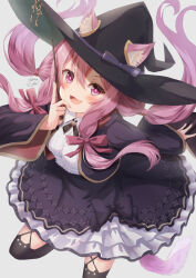 Rule 34 | 1girl, absurdres, animal ear fluff, animal ears, black dress, cat ears, cat girl, cat tail, censored, dress, ears through headwear, hair ribbon, hat, highres, holding, holding wand, indie virtual youtuber, key, long hair, long sleeves, looking at viewer, meika ruka, mosaic censoring, open mouth, pink hair, ribbon, smile, striped ribbon, tail, twintails, virtual youtuber, wand, wide sleeves, witch hat, yukikawa sara
