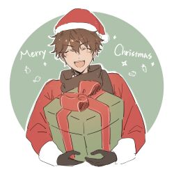 Rule 34 | 1boy, black gloves, black scarf, box, brown hair, carrot, chinese commentary, closed eyes, commentary request, ensemble stars!, facing viewer, fish, gift, gift box, gloves, hat, highres, holding, holding gift, long sleeves, male focus, mango (naihowda), merry christmas, morisawa chiaki, open mouth, santa costume, santa hat, scarf, short hair, smile, solo, star (symbol), upper body