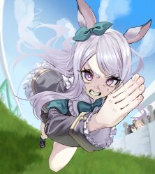 Rule 34 | 3girls, animal ears, armband, ayeon, blue sky, bow, bright pupils, chibi, chibi inset, clenched teeth, cloud, cloudy sky, crowd, day, ear ribbon, fingernails, floating hair, frilled sleeves, frills, full body, grasslands, green armband, hashtag-only commentary, highres, horse ears, horse girl, kitasan black (umamusume), long hair, long sleeves, looking ahead, mejiro mcqueen (umamusume), multiple girls, on grass, outdoors, purple eyes, purple hair, running, satono diamond (umamusume), serious, sidelocks, sky, solo focus, sweat, teeth, umamusume, v-shaped eyebrows, white pupils