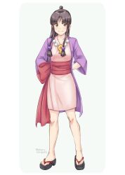 Rule 34 | 1girl, ace attorney, arms behind back, black hair, blunt bangs, closed mouth, commentary request, full body, geta, hair ornament, half updo, hanten (clothes), highres, hiraishi wataru, jacket, japanese clothes, jewelry, kimono, long hair, long sleeves, looking to the side, magatama, magatama necklace, maya fey, necklace, obi, parted bangs, pink kimono, purple jacket, red sash, sash, short kimono, sidelocks, smile, solo, standing