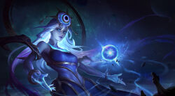 Rule 34 | 1girl, absurdres, blue dress, blue eyes, blue hair, blue lips, bracelet, cosmic lux, detached sleeves, dress, energy, energy ball, floating hair, glowing, glowing eyes, gradient hair, hair between eyes, hair ornament, highres, jewelry, league of legends, lipstick, long hair, lux (league of legends), magic, makeup, multicolored hair, official alternate costume, outstretched arms, parted lips, planet, purple hair, rock, sky, solo, space, star (sky), starry sky, yc jun