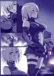 Rule 34 | 1girl, armor, armpits, asymmetrical legwear, breasts, clothing cutout, comic, elbow gloves, closed eyes, fate/grand order, fate (series), gloves, looking at viewer, mash kyrielight, medium breasts, monochrome, navel, navel cutout, parted lips, purple theme, rain, short hair, smile, solo, syatey, thighhighs, uneven legwear, wet