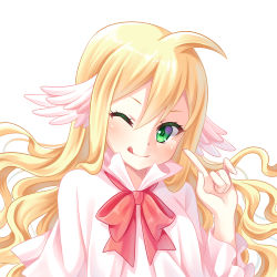 Rule 34 | 1girl, ;q, ahoge, blonde hair, bow, bowtie, closed mouth, dress, fairy tail, feather hair ornament, feathers, floating hair, green eyes, hair between eyes, hair ornament, index finger raised, long hair, long sleeves, looking at viewer, mavis vermilion, one eye closed, red bow, red bowtie, simple background, solo, tongue, tongue out, upper body, very long hair, villyane, white background, white dress