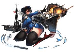 Rule 34 | 10s, 1girl, bad anatomy, beret, black gloves, black hair, breasts, firing, garter straps, gloves, hat, huge breasts, impossible clothes, kantai collection, military, military uniform, outstretched arm, short hair, solo, takao (kancolle), thick thighs, thighs, tianzhong zhongtian, torpedo, uniform