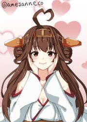 Rule 34 | 1girl, ahoge, ame-rain, brown hair, detached sleeves, double bun, hair bun, hairband, hands on own face, heart, heart ahoge, heart background, highres, kantai collection, kongou (kancolle), long hair, looking at viewer, nontraditional miko, one-hour drawing challenge, ribbon-trimmed sleeves, ribbon trim, smile, solo