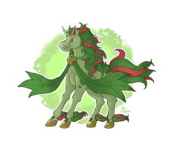 Rule 34 | animal focus, artist name, carnivine, creatures (company), full body, fusion, game freak, gen 1 pokemon, gen 4 pokemon, green background, green hair, long hair, looking to the side, multicolored hair, nintendo, no humans, open mouth, outline, pokemon, pokemon (creature), rapidash, red eyes, red hair, s (esumi kihomaru), signature, solo, standing, two-tone hair, unicorn, white outline