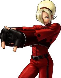 Rule 34 | 1boy, androgynous, ash crimson, belt, blonde hair, blue eyes, cracking knuckles, cropped jacket, fingerless gloves, gloves, hair bun, hair over one eye, hairband, highres, king of fighters xiii, male focus, official art, ogura eisuke, pants, red pants, short hair, single hair bun, smile, snk, solo, the king of fighters, the king of fighters xiii, transparent background