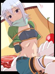 Rule 34 | 1girl, :t, absurdres, aqua scarf, arms behind back, belt, black belt, blue hair, blue shorts, blush, breasts, capelet, chris (konosuba), closed mouth, commentary, cowboy shot, crop top, food, from side, frown, fruit, green capelet, grey shirt, hair between eyes, highres, kono subarashii sekai ni shukufuku wo!, light blue hair, looking at viewer, medium hair, motion lines, navel, pout, pudding, purple eyes, restrained, rope, scarf, shirt, shorts, simple background, sitting, small breasts, solo, split mouth, stomach, strawberry, tears, thighhighs, u illustrator, white background, white thighhighs